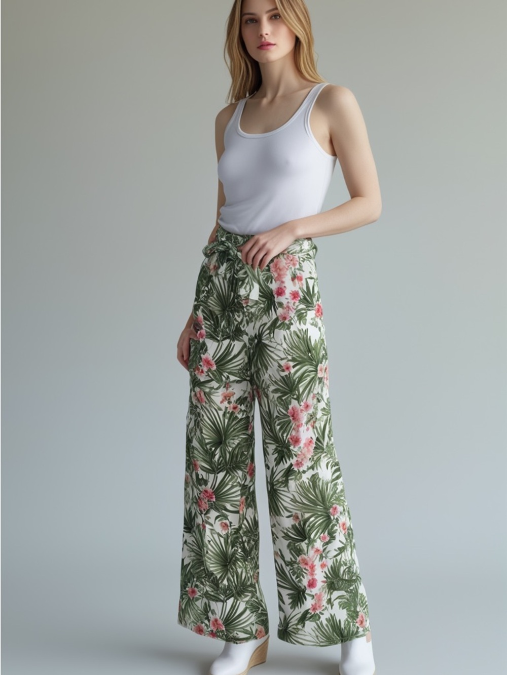 Joe Benbasset Wide-Leg Tropical Print Pants in Green and Pink